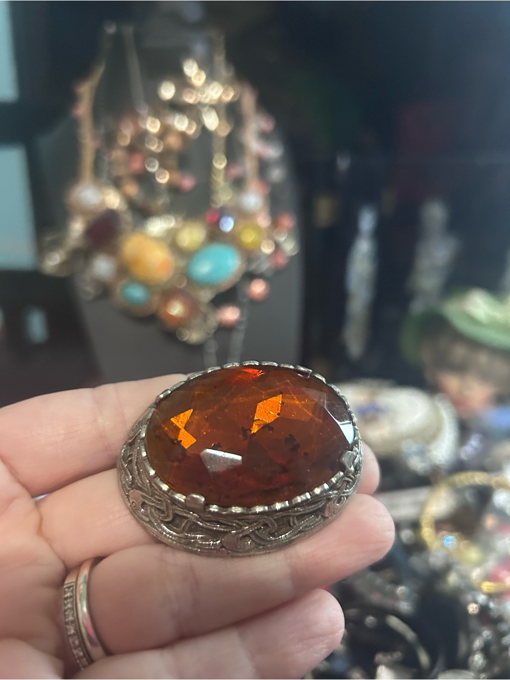 Vintage Amber Glass Statement Brooch in Silver-Tone Setting